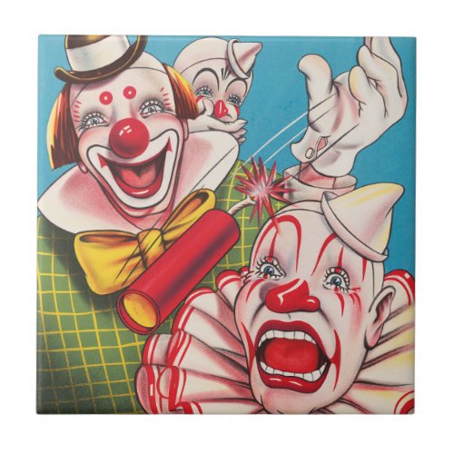 Circus Poster Showing Clown Faces And Fire Cracker Ceramic Tile