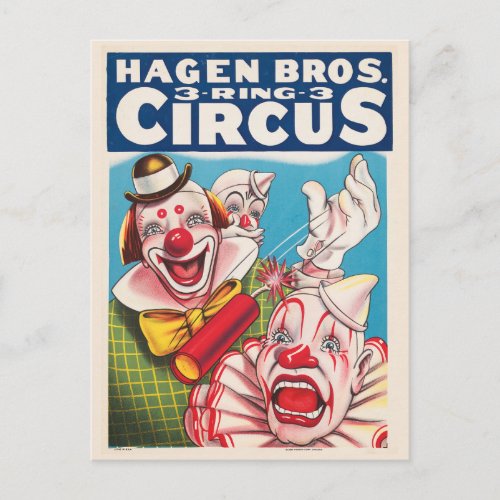 Circus Poster Showing Clown Faces And Fire Cracker Postcard