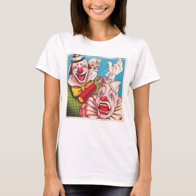 Circus Poster Showing Clown Faces And Fire Cracker T-Shirt (Front)