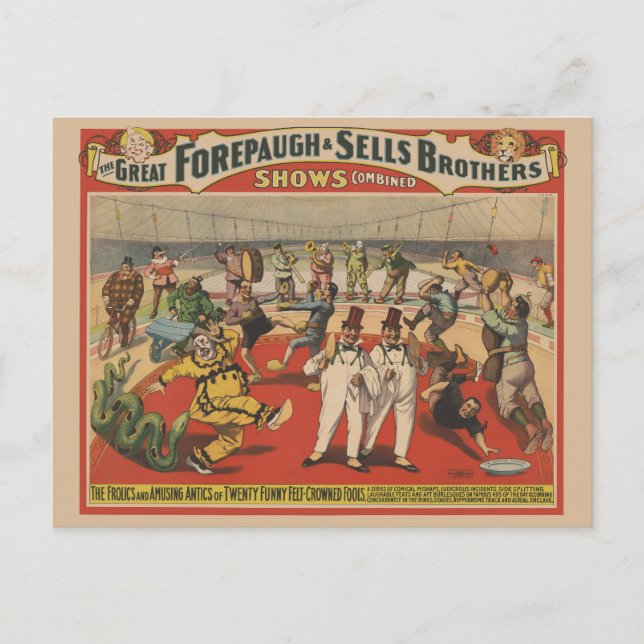 Circus Poster Showing The Amusing Antics Of Clowns Postcard (Front)