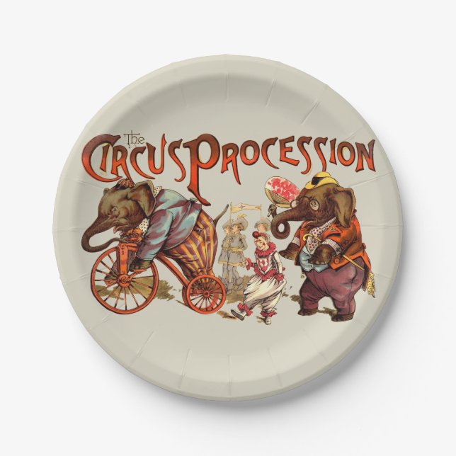Circus Procession Elephant Antique Art Paper Plates (Front)
