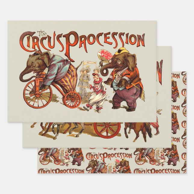 Circus Procession Elephant Antique Art Wrapping Paper Sheets (Set)