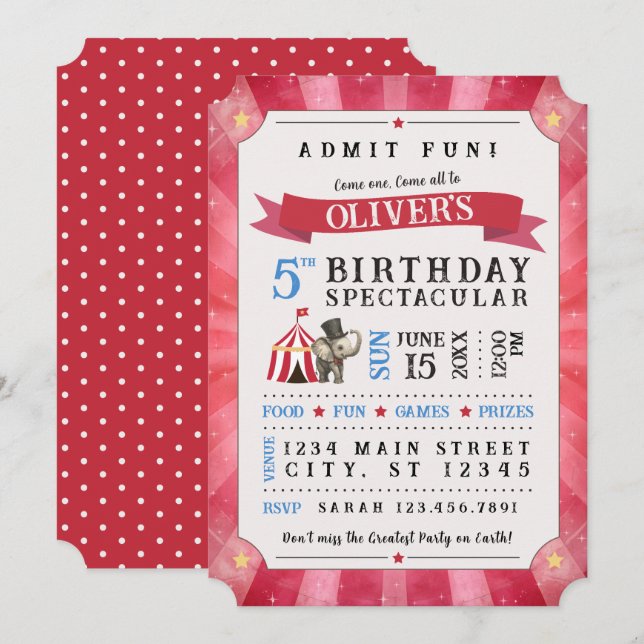 Circus Spectacular Birthday Invitation (Red/Blue) (Front/Back)