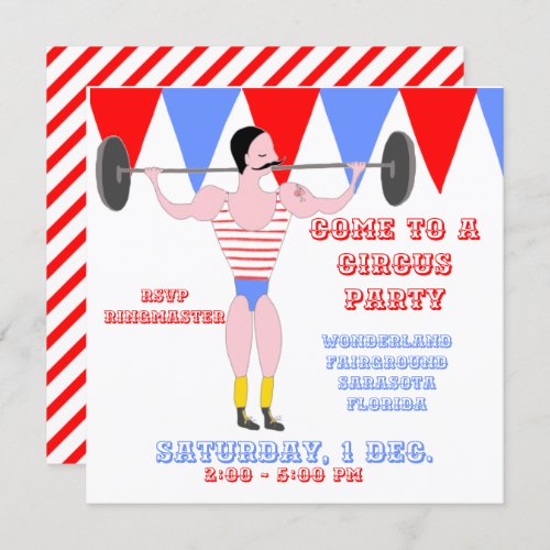 Circus Strong Man Red Circus Tent Stripe Party Invitation
