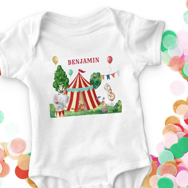 Circus Tent and Carnival Animals 1st Birthday Baby Bodysuit (Circus Themed baby bodysuit personalized with baby's name)