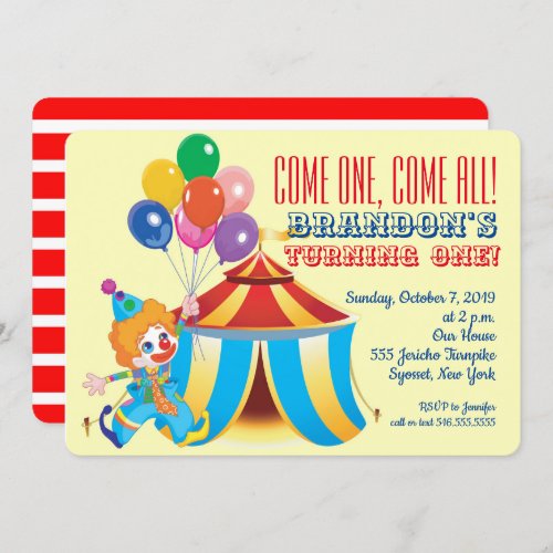 Circus Tent and Clown First Birthday Invitation