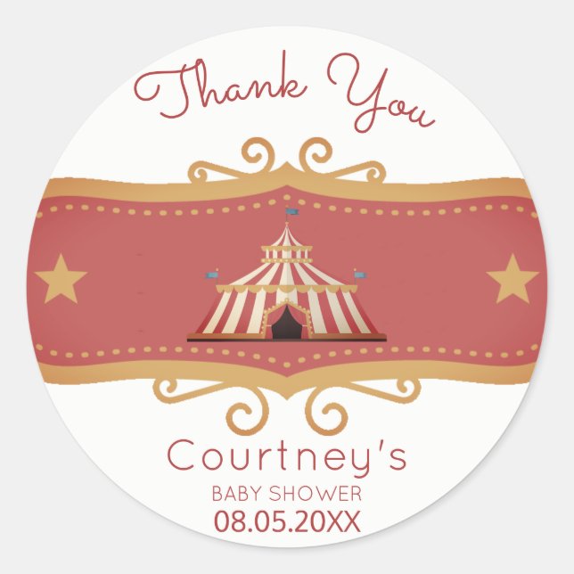 Circus Tent Baby Shower Thank You Favor Classic Round Sticker (Front)