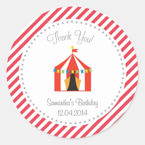 Circus Tent Birthday Thank You Sticker Red
