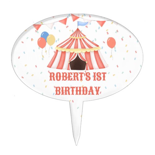 Circus Tent Carnival Watercolor Birthday Cake Topper