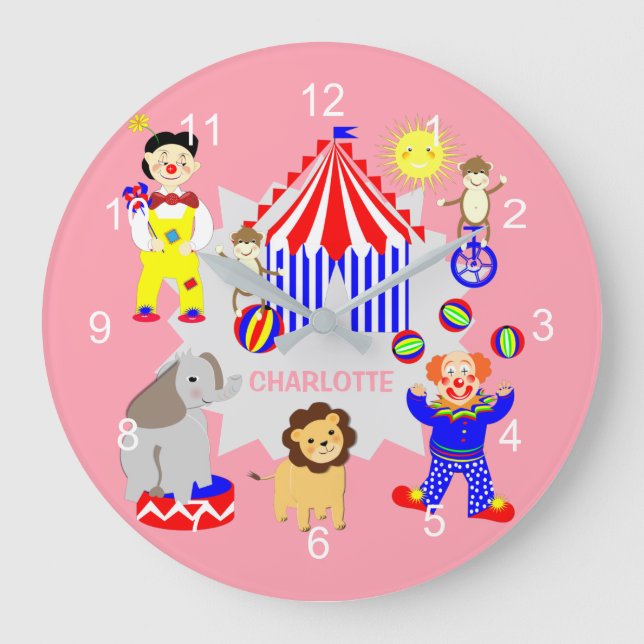Circus Tent Cartoon Clowns & Animals Personalized Large Clock (Front)