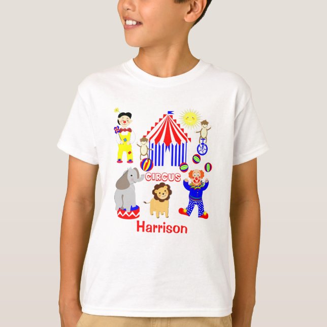 Circus Tent Cartoon Clowns & Animals Personalized T-Shirt (Front)