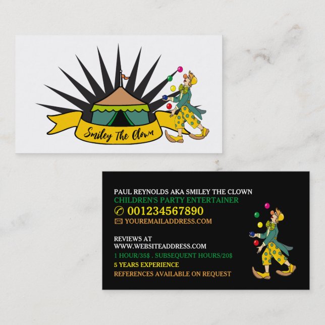 Circus Tent Clown, Kids Entertainer, Clown Business Card (Front/Back)
