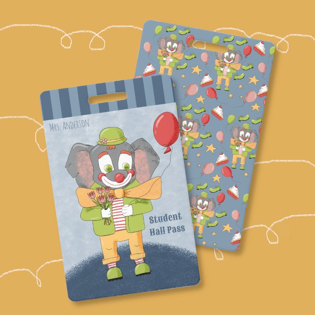 Circus Theme Clown Elephant Blue Hall Pass Badge (Circus Theme Clown Elephant Student Hall Pass Badge .)