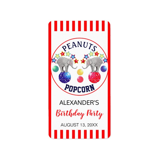 Circus Theme Elephant Birthday Party Favors Label (Front)