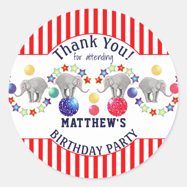 Circus Theme Elephant Carnival Party Classic Round Sticker (Front)