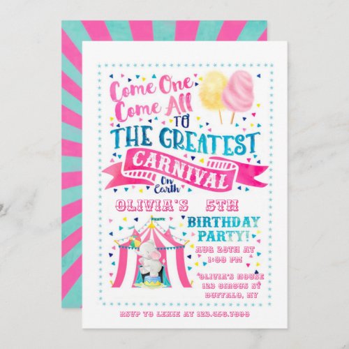 Circus Theme Girl Birthday Party Invitation