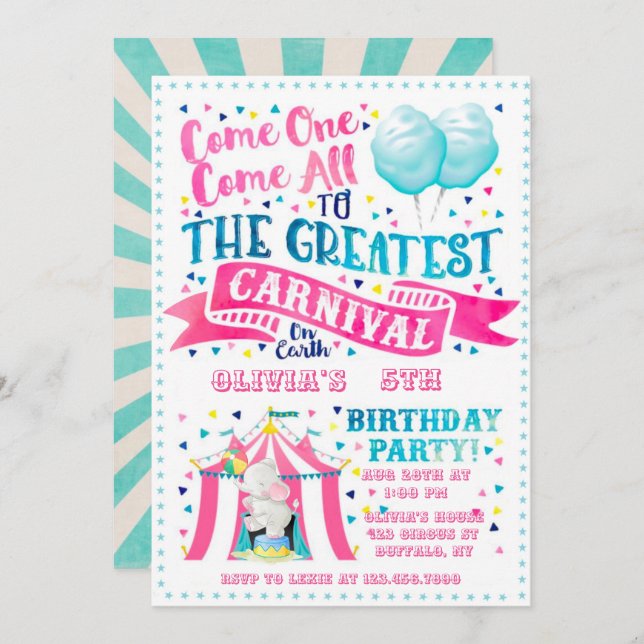 Circus Theme Girl Birthday Party Invitation (Front/Back)
