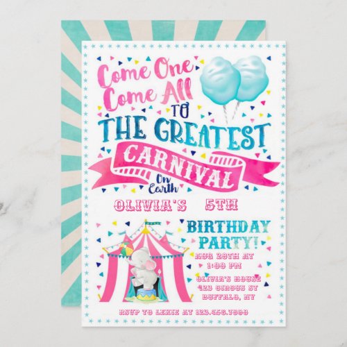 Circus Theme Girl Birthday Party Invitation