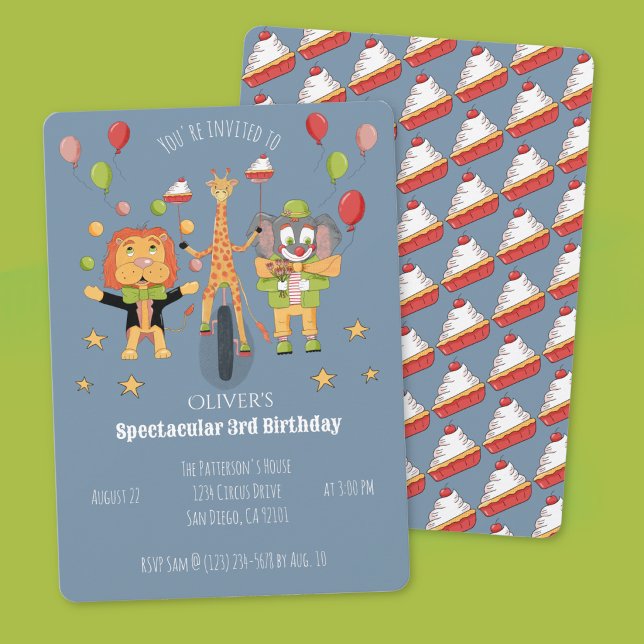 Circus Theme Kid Birthday Invitation (Circus theme blue-grey kid birthday invitation with cherry pie pattern on the back . )