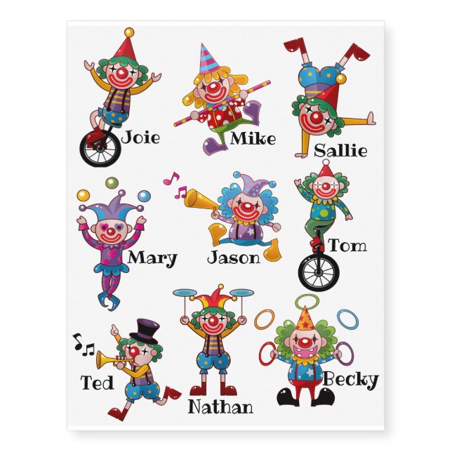 Circus Theme Party Temporary Tattoos Kids Names (Front)