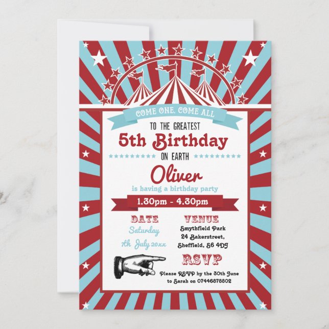 Circus themed birthday party invitation (Front)