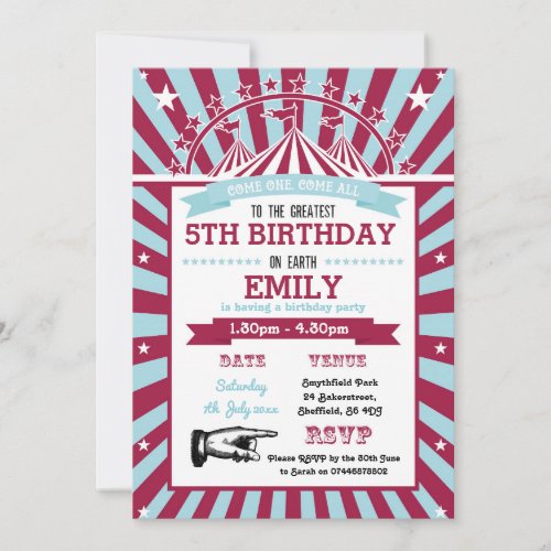 Circus themed birthday party invitation