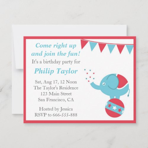 Circus Themed Birthday Party with Cute Elephant Invitation