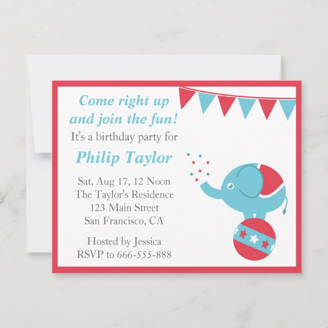 Circus Themed Birthday Party with Cute Elephant Invitation (Front)