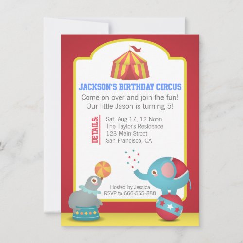 Circus Themed Fun Birthday Party with Cute Animals Invitation