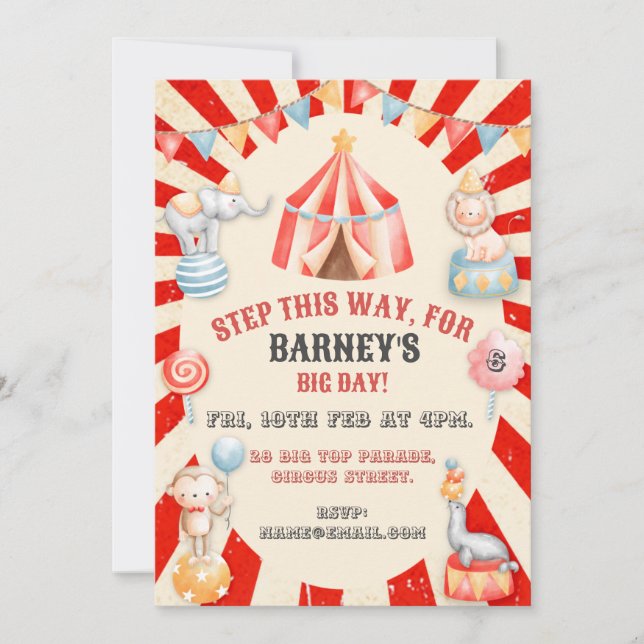 Circus Themed Kids Birthday Party Invitation (Front)
