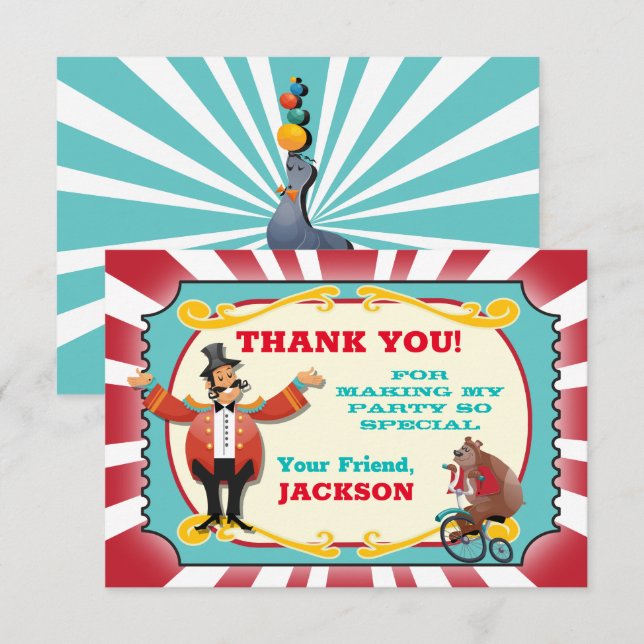 Circus ticket birthday party Thank you note card (Front/Back)