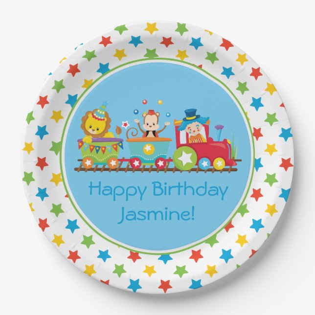 Circus Train | Monkey | Lion | Clown| Personalized Paper Plates (Front)
