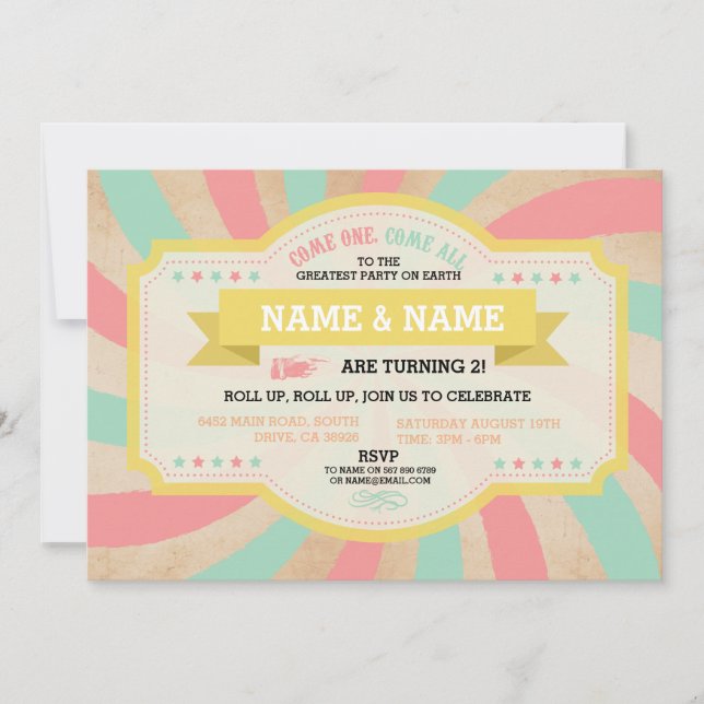 Circus Twins Birthday Mint & Coral Carnival Invite (Front)