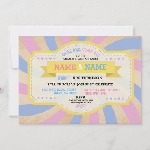 Circus Twins Birthday Pink  Blue Carnival Invite