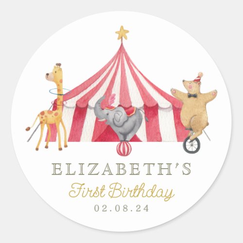 Circus Watercolor Birthday cute animals Classic Round Sticker