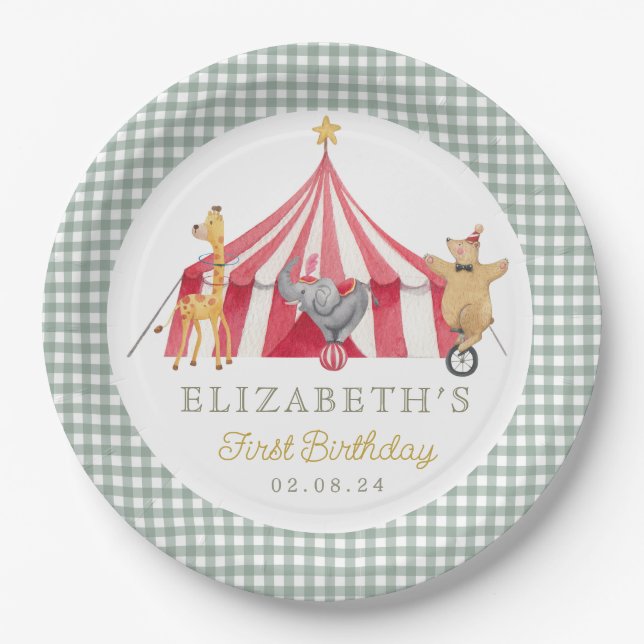 Circus Watercolor Birthday cute animals Paper Plates (Front)