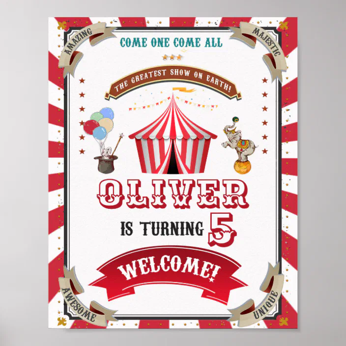 Carnivals Circus Printed on Foam Board Personalized Birthday Welcome Sign Welcome Poster Board Stripe Line Background Red Curtain