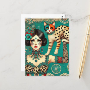 Circus Woman and a cat Postcard