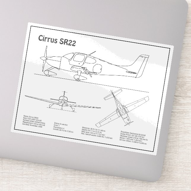 Cirrus SR22 - Airplane Blueprint Drawing Plans BD Sticker (Detail)