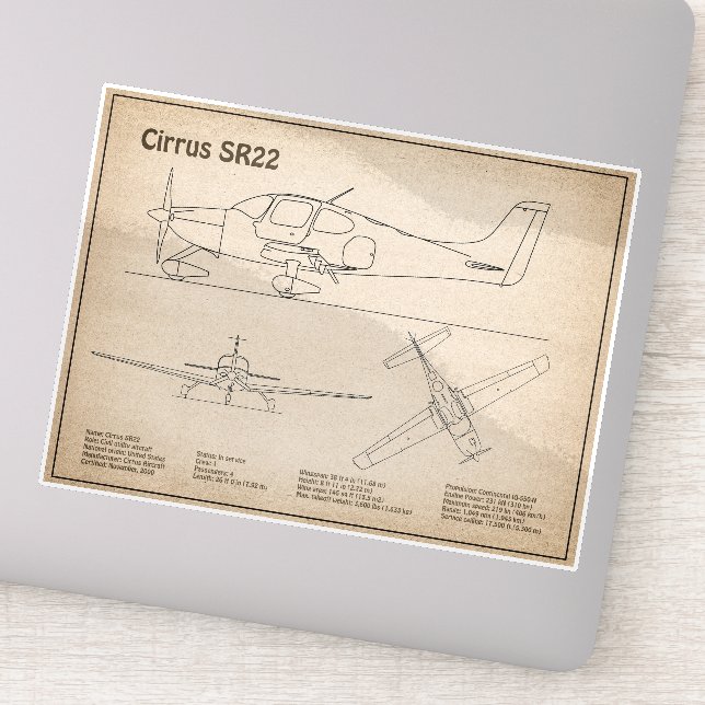 Cirrus SR22 - Airplane Blueprint Drawing Plans SD Sticker (Detail)