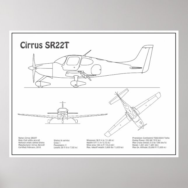 Cirrus SR22T - Airplane Blueprint Drawing Plans BD Poster (Front)