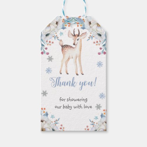 Cite baby deer winter blue floral silver baby gift tags