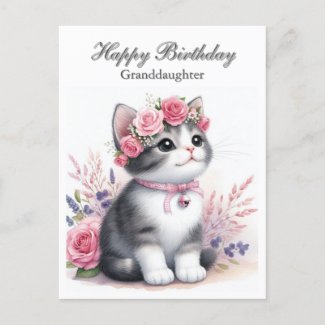 Cite Kitten Pink Roses Granddaughter  Holiday Postcard