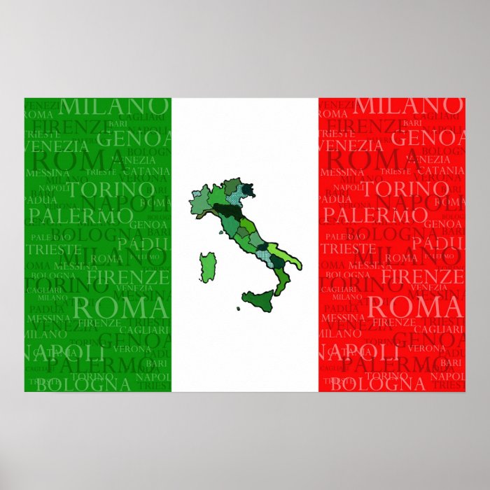 Cities, Map, and Flag of Italy Poster