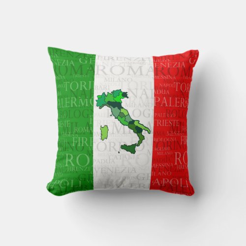 Cities Map and Flag of Italy Throw Pillow