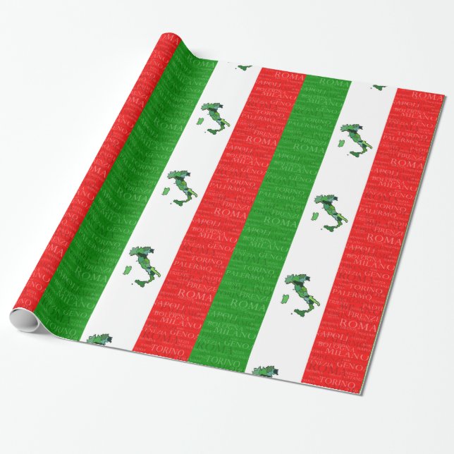 Cities, Map, and Flag of Italy Wrapping Paper (Unrolled)