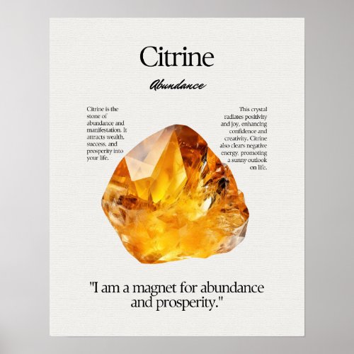 Citrine Gem Crystal Meaning Card Poster