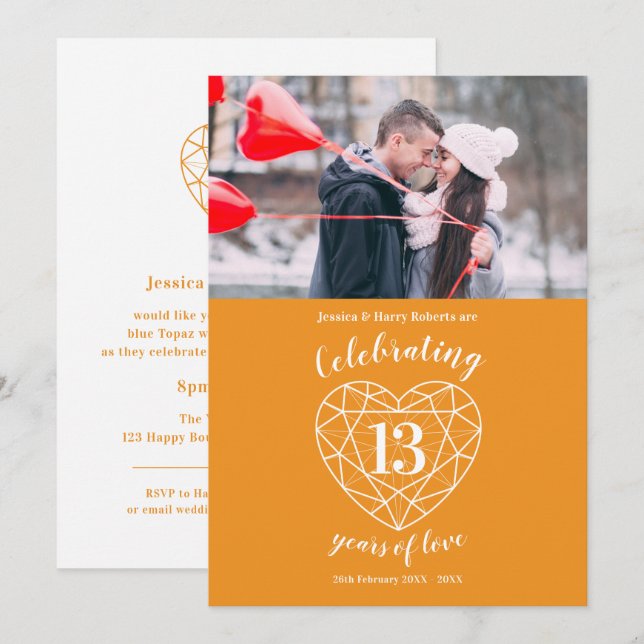 Citrine heart anniversary 13 years photo orange invitation (Front/Back)