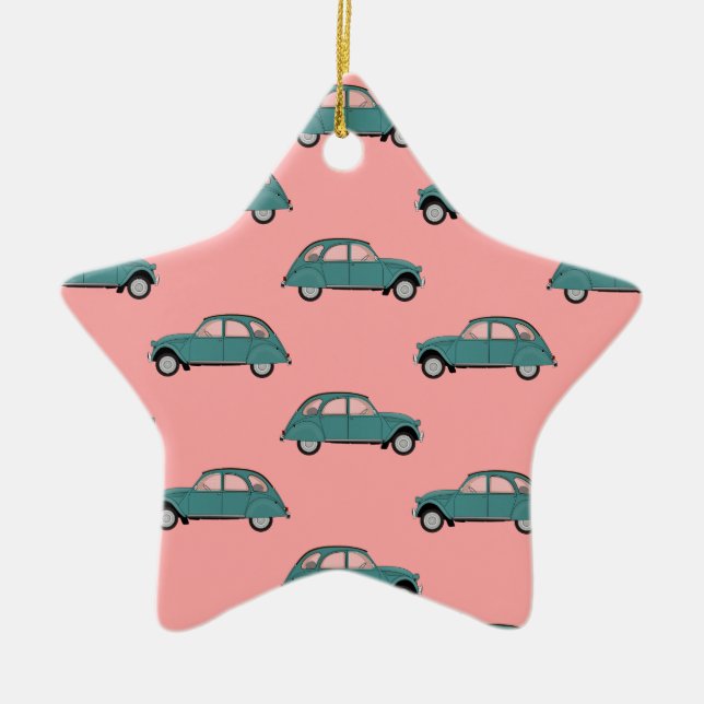 Citroen 2CVs - Green on Pink - Cars Ceramic Ornament (Front)