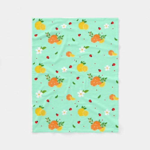 Citrus and Ladybug Botanical Pattern with Flowers Fleece Blanket